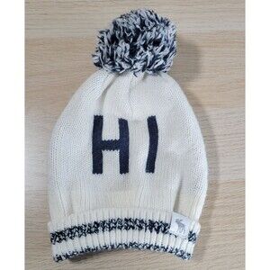 Abercrombie Kids Knit Hat "Hi" "Bye" Beanie Navy Blue Fuzzy Pom Pom One Size